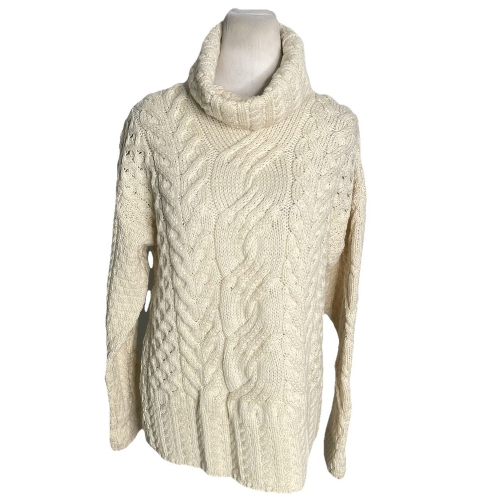 Carraig Donn Irish Aran Cable Knit Turtleneck Fisherman Sweater Merino Wool  XL